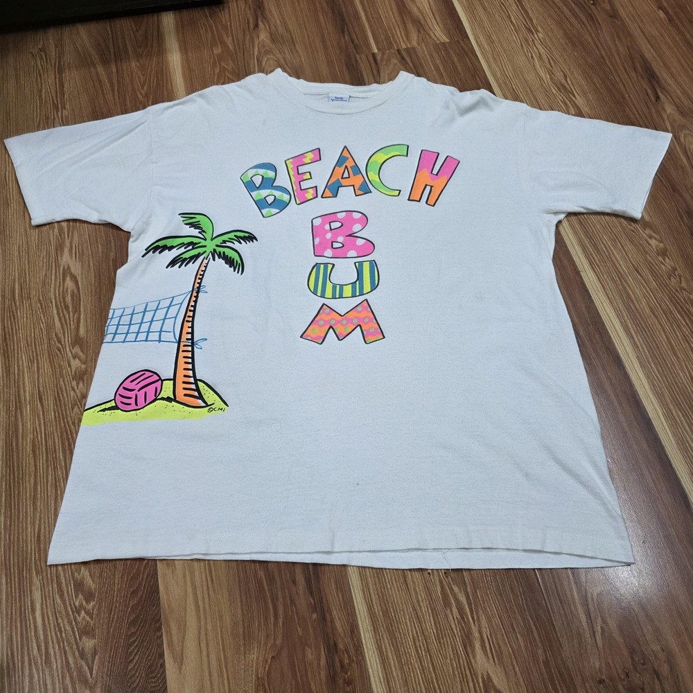 Vintage Beach Bum Palm Tree Shirt Mens One Size White Pacific Connections Surf